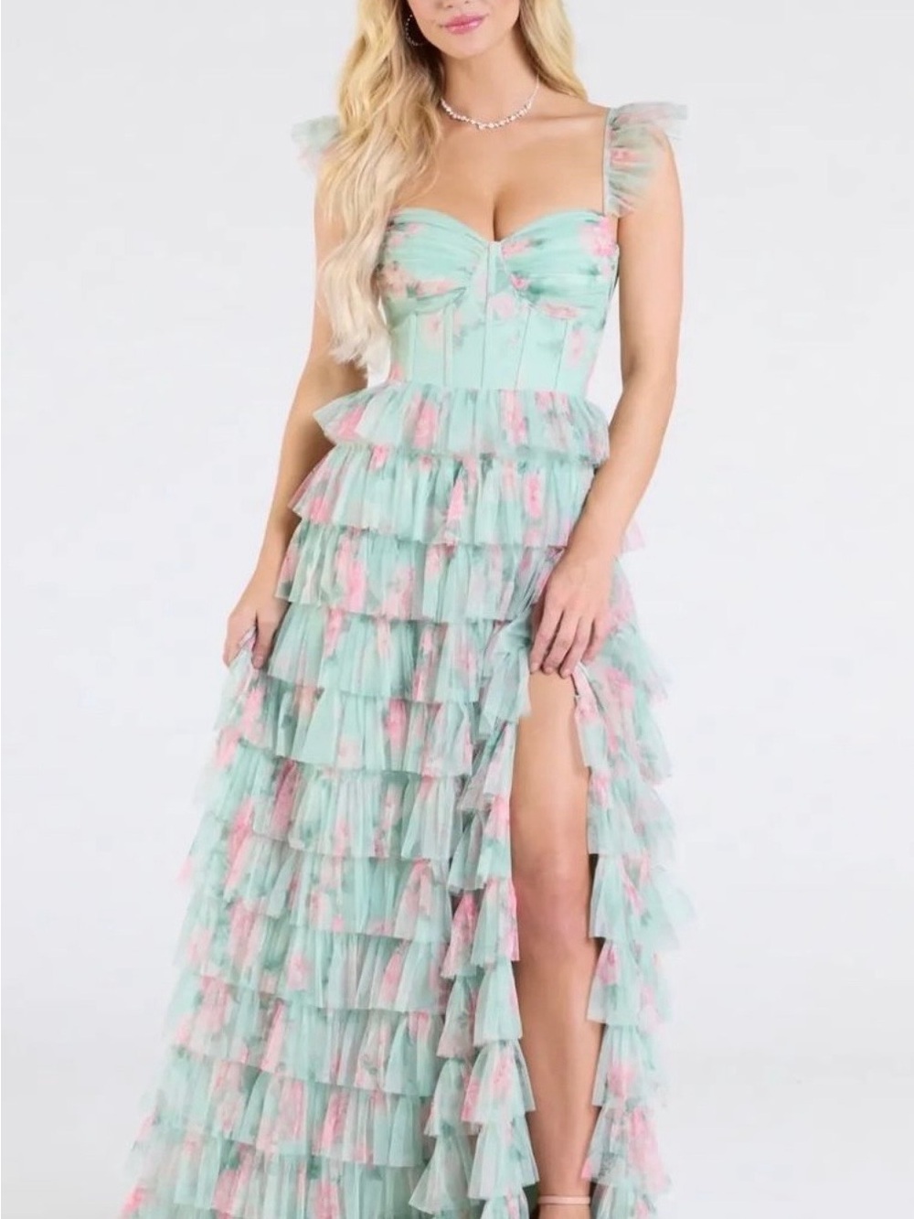 Tiered Ruffle Mint & Pink Floral Maxi Dress